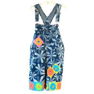 NO BOUNDARIES Junior Size 19 XXL Multicolor Daisy Blue Denim Bib Overalls Shorts